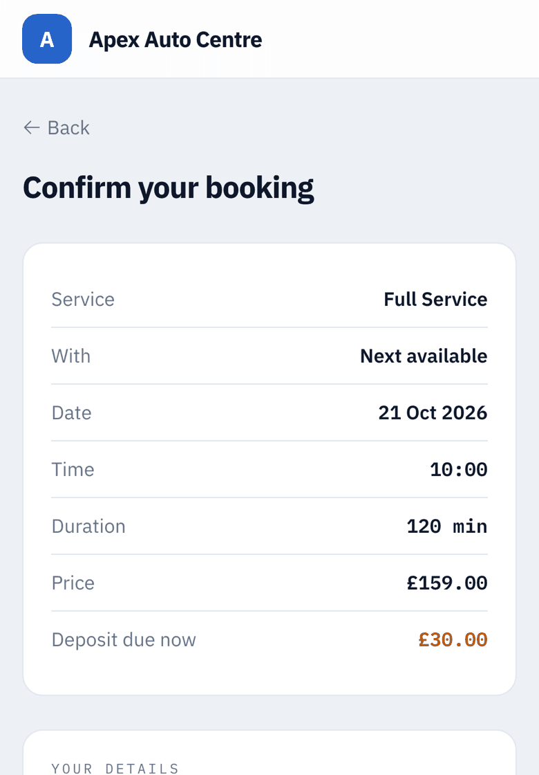 The booking confirmation step on a phone, showing the service, time, price and the deposit due now